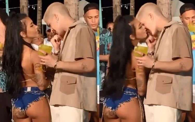  Filho do cantor Leonardo vai com sede ao pote para beijar Mc Mirella em festa; assista