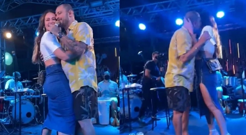  O amor está no ar! Diogo Nogueira puxa Paolla Oliveira para dançar no palco durante show no RJ